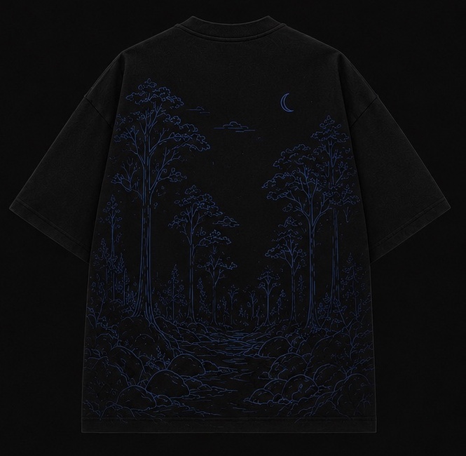 Costas da camiseta oversized preta Mantém com estampa oficial de floresta azul