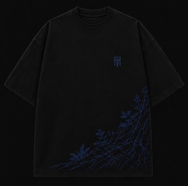 Frente da camiseta oversized preta Mantém com monograma e continuação da estampa
